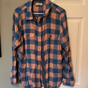 Magellan Outdoors Blue and Peach Plaid Button-Down Shirt